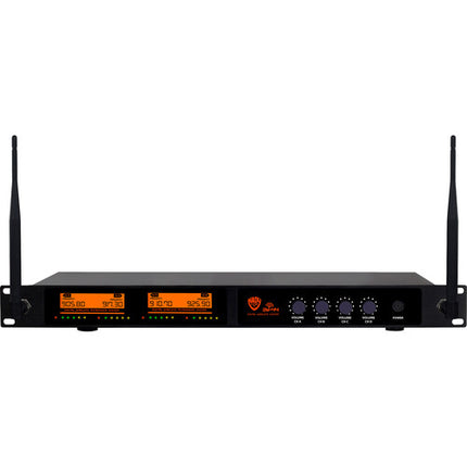 Nady DW-44-LT-HM Sistema inalámbrico de micrófonos UHF 4 canales con auriculares HM-3 y micrófonos lavalier 11 horas batería alcance 300 pies