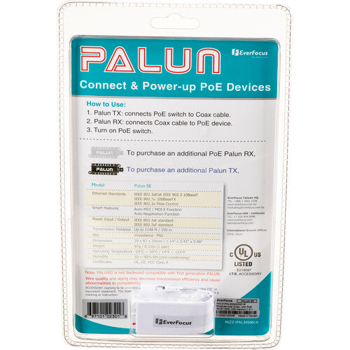EverFocus PALUN SE Convertidor de Ethernet sobre Coaxial con PoE 1148 ft rango