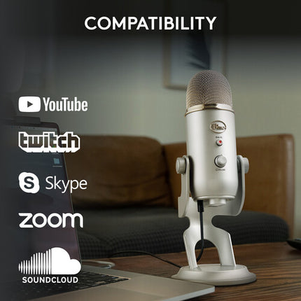 Blue Yeti Micrófono USB Plata con Audio 48 kHz 16 Bit y Soporte