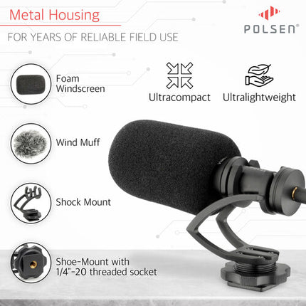 Polsen MVP-3 Micrófono Shotgun Direccional para DSLR Smartphones con Cable 3.5mm y Paravientos