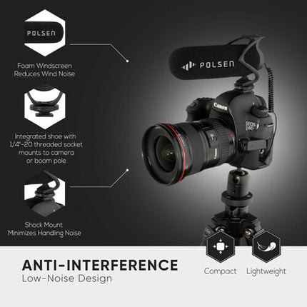 Polsen MVP-6 Micrófono Direccional Shotgun para DSLR Smartphones con Cable en Espiral y Antiviento de Espuma