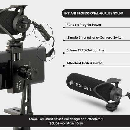 Polsen MVP-6 Micrófono Direccional Shotgun para DSLR Smartphones con Cable en Espiral y Antiviento de Espuma