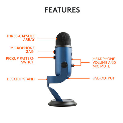 Blue Yeti Micrófono USB Midnight Blue con Audio 48kHz 16-bit y Stand