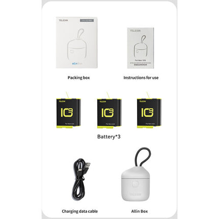 TELESIN Allin Box Cargador Baterías y Lector Tarjetas para GoPro HERO9/10 3x1750mAh IP54