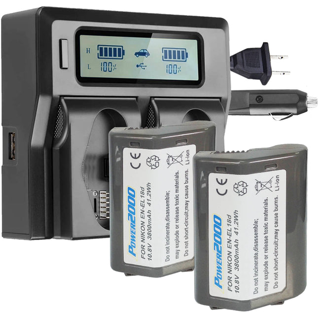 Power2000 2 Baterías EN-EL18d 3800mAh Cargador Dual LCD para Nikon