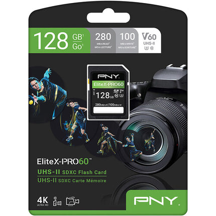 PNY 128GB EliteX-PRO60 Tarjeta de Memoria SDXC UHS-II V60 U3 Clase 10 280MBs Lectura 100MBs Escritura