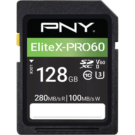 PNY 128GB EliteX-PRO60 Tarjeta de Memoria SDXC UHS-II V60 U3 Clase 10 280MBs Lectura 100MBs Escritura
