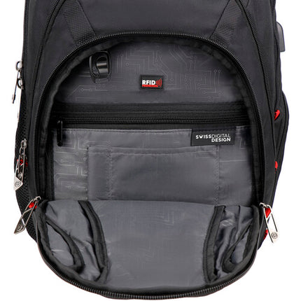 Swissdigital Pixel Business Mochila de Viaje Negra 40L 14 Bolsillos USB TSA