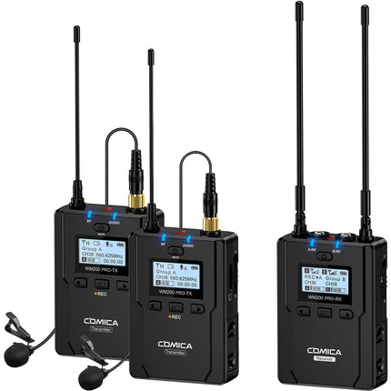 Comica Audio CVM-WM200A PRO Micrófono Lavalier Inalámbrico Doble Canal con Grabación de Respaldo y Alcance de 120 m