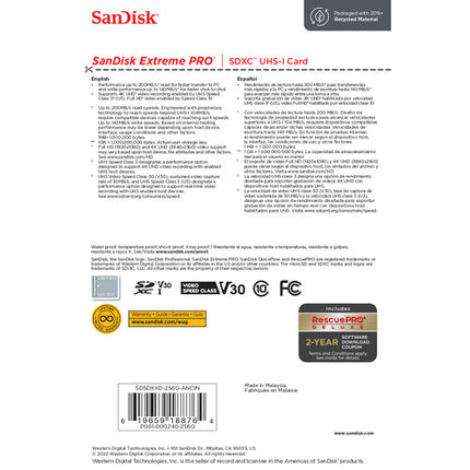 SanDisk 256GB Extreme PRO UHS-I Tarjeta de Memoria SDXC 200MB/s Lectura 140MB/s Escritura