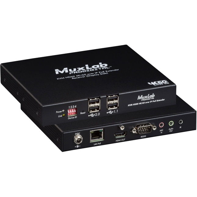 MuxLab 4K60 KVM receptor HDMI IP PoE 4 puertos USB 330 pies alcance