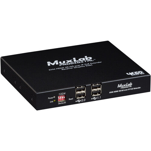 MuxLab 4K60 KVM receptor HDMI IP PoE 4 puertos USB 330 pies alcance