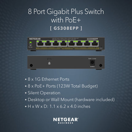 Netgear GS308EPP Switch Gestionado 8 Puertos PoE+ 123W Gigabit