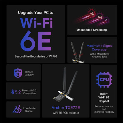 TP-Link Archer TXE72E AXE5400 Adaptador PCIe Wi-Fi 6E Tri Banda 5378 Mb/s Bluetooth 5.3