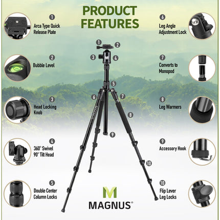 Magnus TR-13 Trípode de Aluminio para Viaje con Monopié y Cabezal de Bola 77" Capacidad 8.9 a 77" Altura