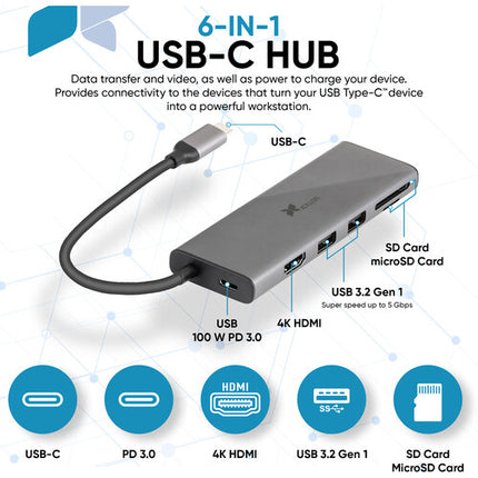 Xcellon Hub USB-C 6 en 1 con Power Delivery 100W HDMI 4K 30Hz aluminio