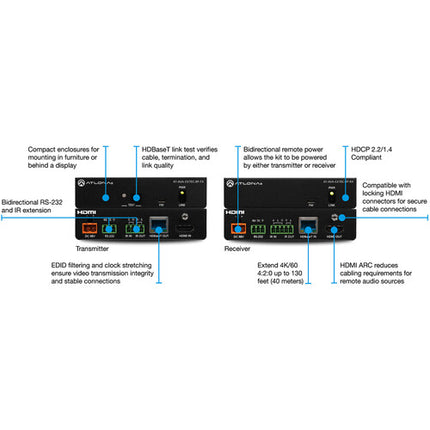 Atlona Avance UHD 4K Kit Transmisor y Receptor HDMI hasta 130 pies con Control y Alimentación Bidireccional