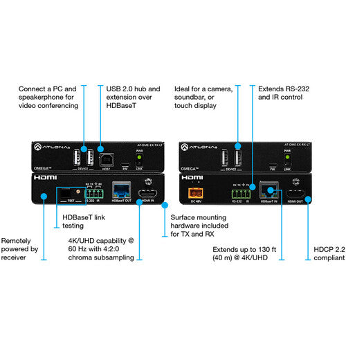 Atlona Omega Kit Extensor HDMI USB HDBaseT Lite 4K UHD 230 pies PoE