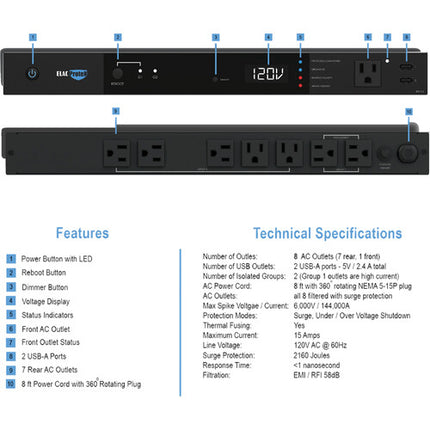 ELAC ProteK Protector y Regulador de Voltaje para Rack 8 Salidas 2 USB