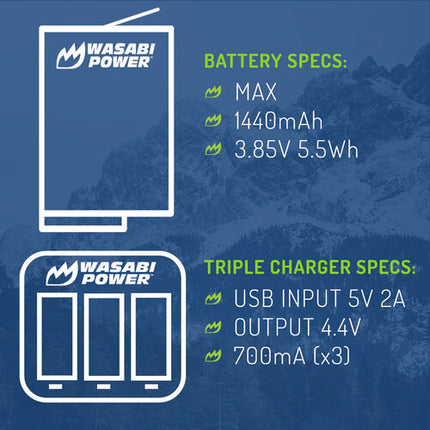 Wasabi Power Cargador de Tres Bahías y Baterías 1440mAh para GoPro MAX