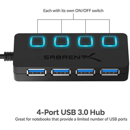 Sabrent Hub USB 3.0 de 4 Puertos con Interruptores y Adaptador AC 5V 2.5A