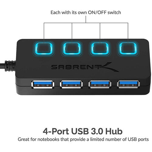 Sabrent Hub USB 3.0 de 4 Puertos con Interruptores y Adaptador AC 5V 2.5A