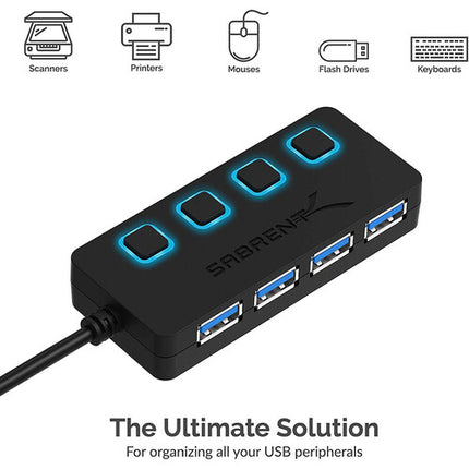 Sabrent Hub USB 3.0 de 4 Puertos con Interruptores y Adaptador AC 5V 2.5A