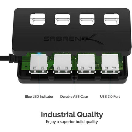 Sabrent Hub USB 3.0 de 4 Puertos con Interruptores y Adaptador AC 5V 2.5A