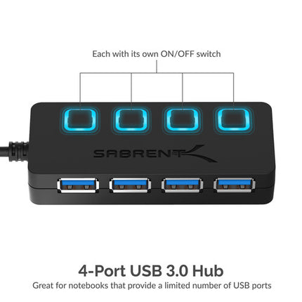 Sabrent Hub USB 3.0 de 4 Puertos con Interruptores y Transferencia 5 Gb/s
