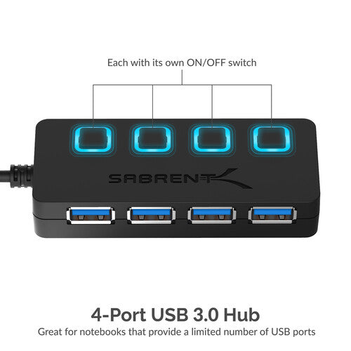 Sabrent Hub USB 3.0 de 4 Puertos con Interruptores y Transferencia 5 Gb/s