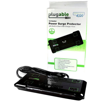 Regleta eléctrica Plugable 12 tomas con 2 puertos USB y protección contra picos