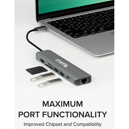 Plugable USB-C Estación de Acoplamiento 7 en 1 con Ethernet 4K 60Hz 87W Pass-Through
