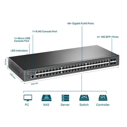TP-Link JetStream TL-SG3452X Switch de Red Gestionado 48 Puertos Gigabit 10G SFP+ con Kit de Montaje