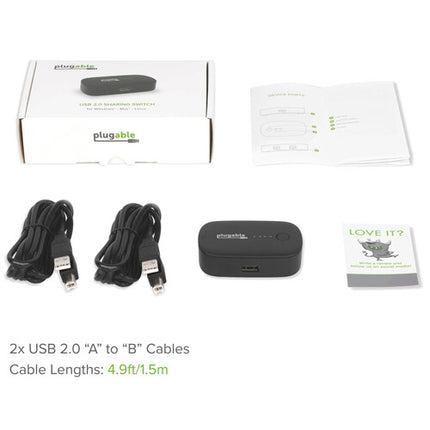 Plugable Sharing Switch USB 2.0 con 2 puertos USB-B y cables incluidos