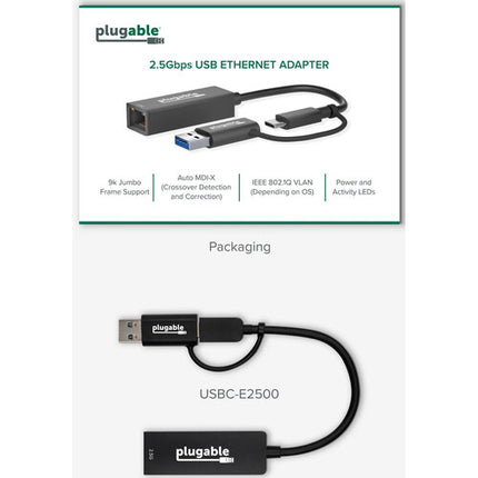 Adaptador Plugable USB A y C a Ethernet 2.5 Gigabit con conector RJ45