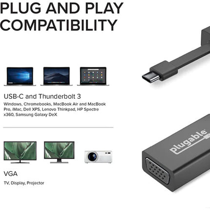 Adaptador USB-C a VGA Plugable 1920x1200 60 Hz Compacto portátil
