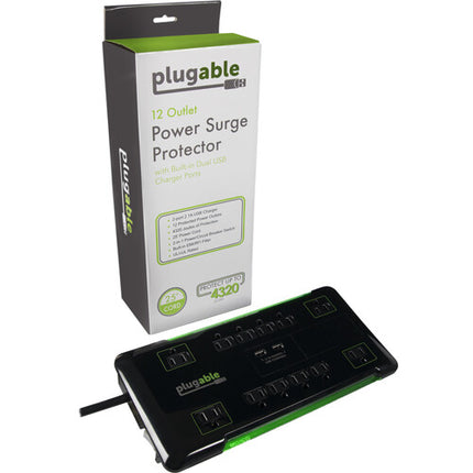 Plugable Regleta Eléctrica 12 Tomas 2 Puertos USB 25ft Cable