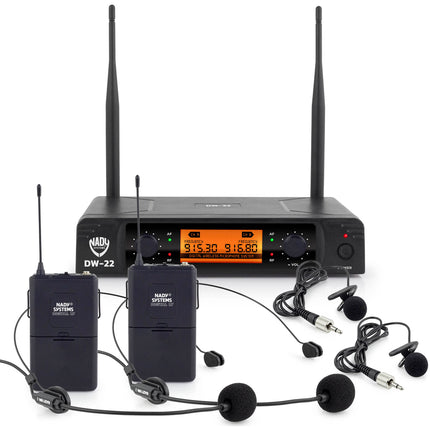 Nady DW-22 LTHM Sistema Micrófono Inalámbrico Digital 2 Headset 2 Lav 300 ft alcance UHF 900 MHz