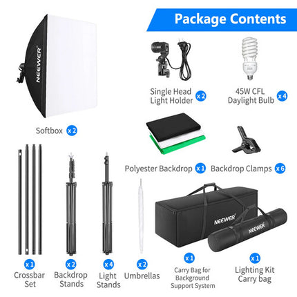 Neewer Kit de Iluminación 4 Luces con Soporte Fondo y Telas 7 Pies 24 x 24 Pulgadas