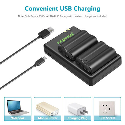 Neewer EN-EL15 Kit de Baterías Doble con Cargador USB y Cable Micro-USB
