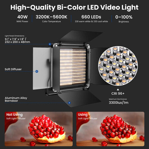 Neewer Bi-Color Kit de Iluminación LED de Video 2 Luces 3200-5600K con Soportes y Difusores