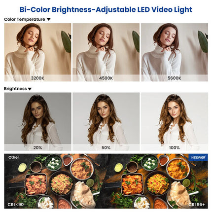Neewer Bi-Color Kit de Iluminación LED de Video 2 Luces 3200-5600K con Soportes y Difusores