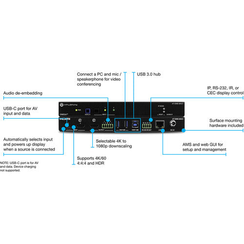 Atlona Conmutador HDMI USB-C 4K60 USB Hub Carga USB Tipo-C