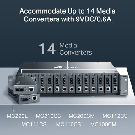 TP-Link TL-MC1400 Rack para 14 convertidores con alimentación centralizada 9 VDC ranura intercambiable en caliente