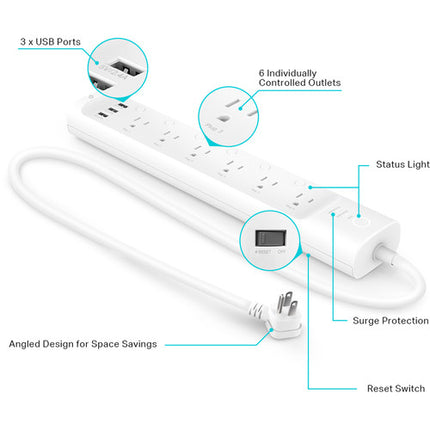 TP-Link HS300 Regleta Inteligente Wi-Fi 6 Enchufes 3 USB Surge Protector