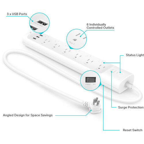 TP-Link HS300 Regleta Inteligente Wi-Fi 6 Enchufes 3 USB Surge Protector