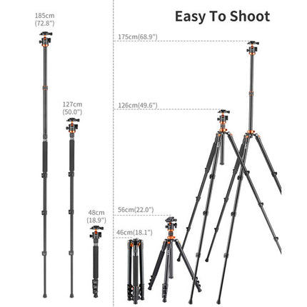 K&F Concept SA254M2 Tripode de Aluminio para Cámara DSLR con Cabezal de Bola y Monopie 68.9 pulgadas altura máxima 22 lb capacidad carga