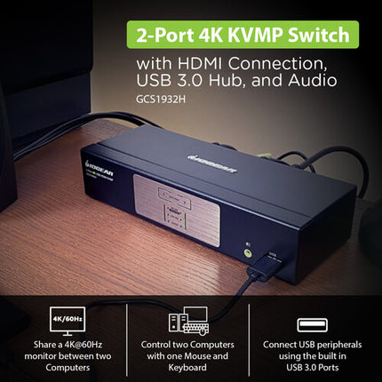 IOGEAR GCS1932H KVM Switch 2 Puertos HDMI 4096x2160 60Hz Bundle Cables