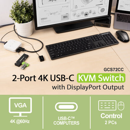 IOGEAR 2 Puertos USB-C KVM Switch 4K 60Hz con DisplayPort salida