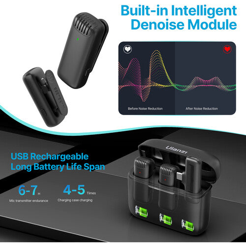 Ulanzi J12 Sistema de Micrófono Inalámbrico para 2 Personas con USB-C 6 Horas de Batería y Estuche de Carga